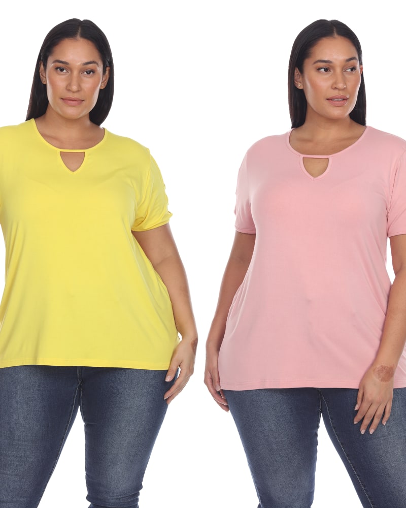 Front of a model wearing a size 3X Essential 2 Pack Light Keyhole Neck Top in Yellow Rose by White Mark. | dia_product_style_image_id:249937